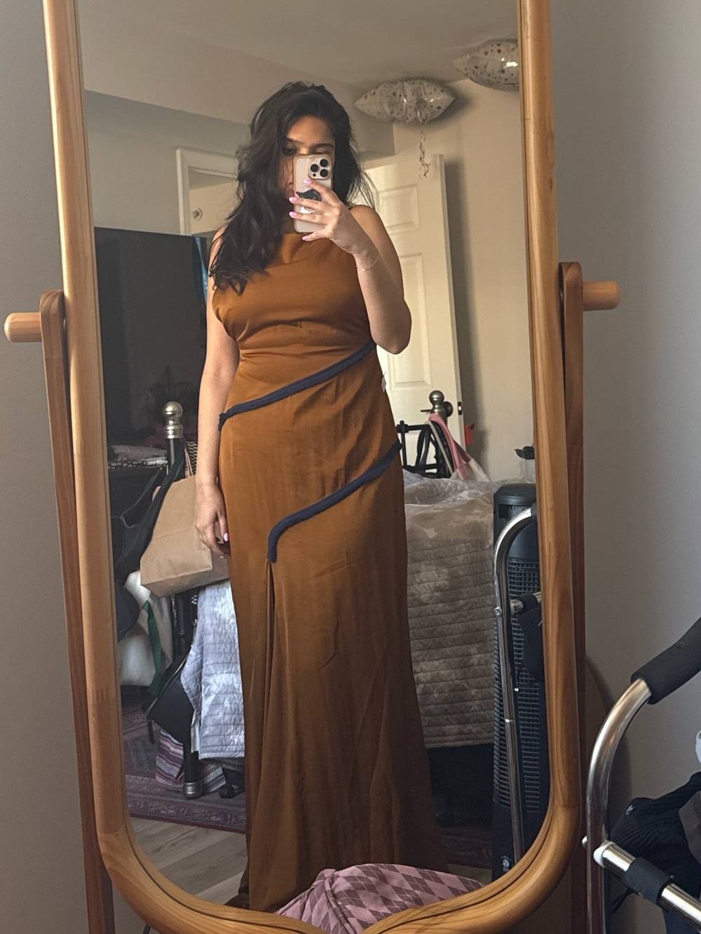 Satin Maxi Slip Dress in Mustard with Navy Trim with Shawl - Picture 3 of 4